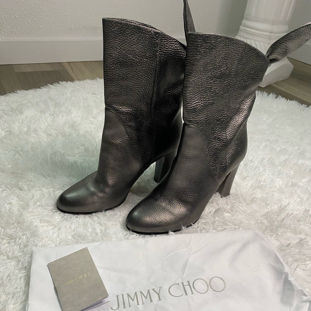 Jimmy Choo Malene 85 Anthracite Metallic Grainy Leather Bow Wrap Boots Grey 39.5